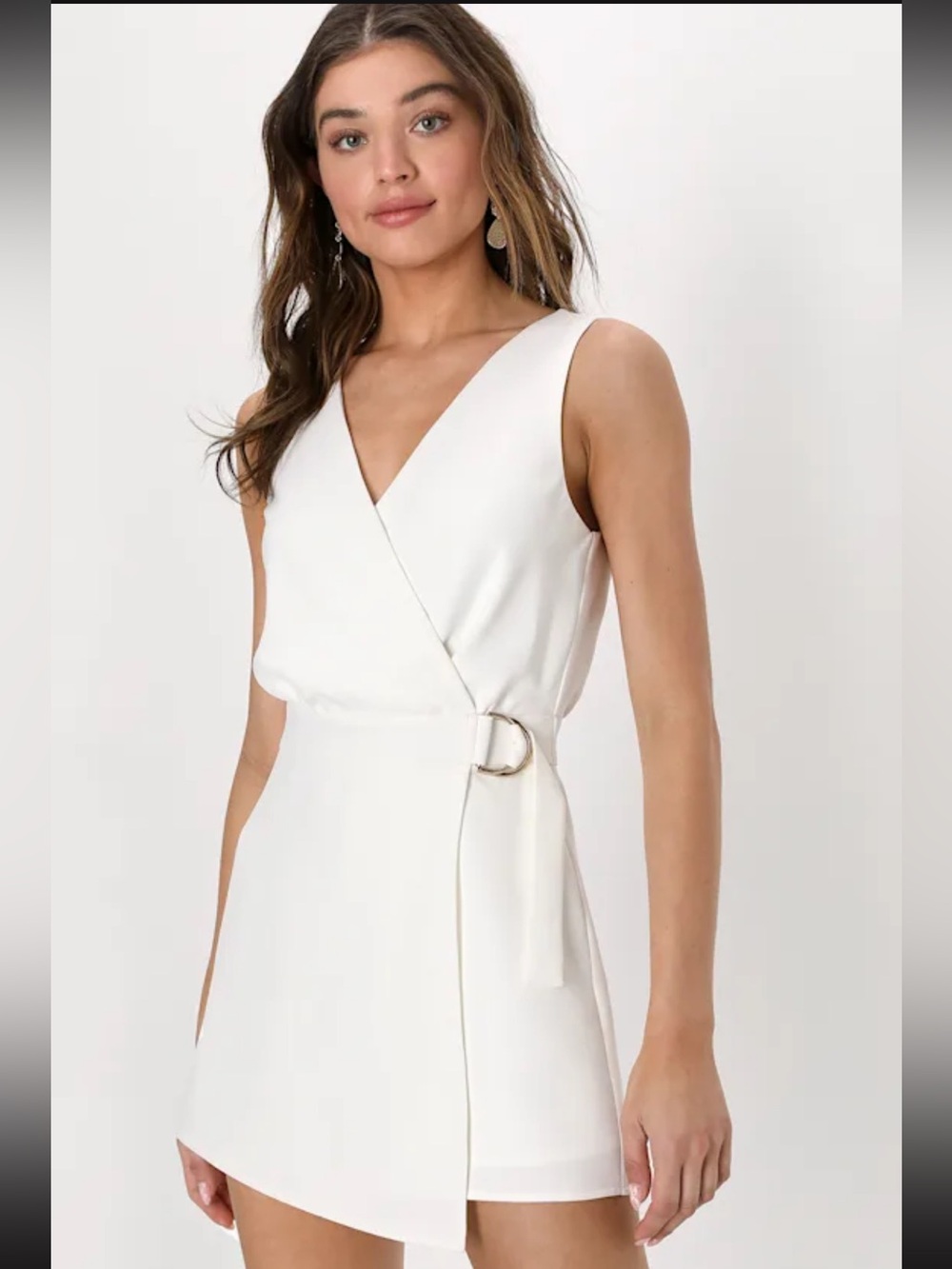 Lulu's Ivory Wrap-Front Sleeveless romper with D-Ring Waist